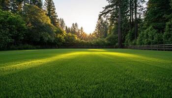 Idyllic Green Lawn at Sunset Tranquil Forest Background Copyspace for Nature Photography photo