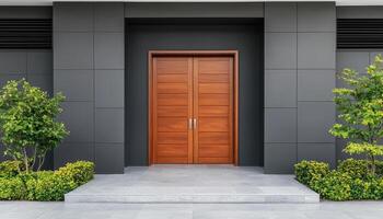 Elegant Wooden Door Entrance with Background Copyspace Modern Architecture Urban Environment photo