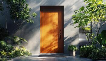 Tranquil Home Entrance with Bold Wooden Door Modern Setting Copyspace Background photo