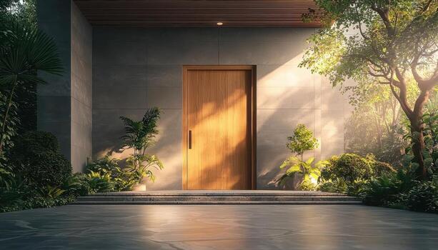 Elegant New House Entryway with Greenery Copyspace Modern Architecture Background photo