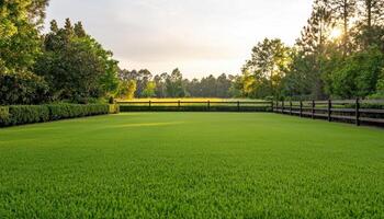 Serene Garden Landscape Grassy Area with Fencing Tranquil Nature Background Copyspace photo