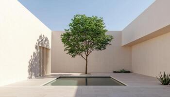 Tranquil Outdoor Retreat with Stone Terrace Serene Background Copyspace for Relaxation photo