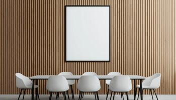 Serene Meeting Room with Empty Poster Wooden Slat Background Copyspace for Ideas photo