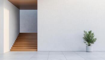 Modern Staircase Design with Empty Wall and Potted Plant Minimalist Interior Background Copyspace photo