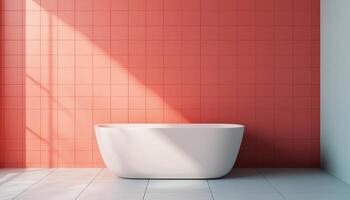 Modern Freestanding Bathtub in Colorful Bathroom Urban Setting Interior Design Bright Background Copyspace photo