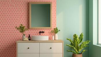 Cozy Bathroom Space with Elegant Design Pink Background Copyspace Cheerful Environment photo