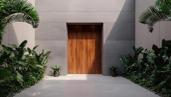 Modern Rustic House Entrance Tropical Garden Background Copyspace Aesthetic Viewpoint photo