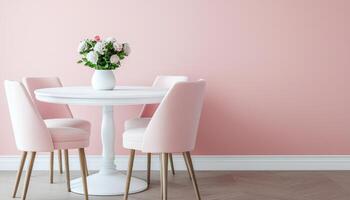Stylish Dining Area Design with Pink Walls Modern Furniture Copyspace for Background Enhancement photo