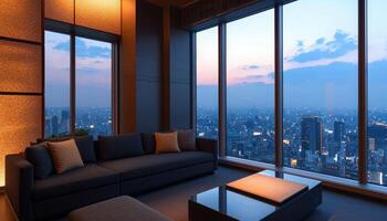 Modern Black Living Room with City View Luxurious Background and Copyspace Evening Ambiance photo