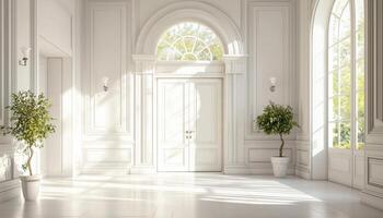 Elegant White Hall Interior with Grand Features Bright Background Copyspace for Events photo
