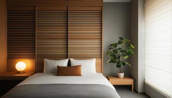 Contemporary Japanese Bedroom Design Tiny Room Inspiration Minimalist Wood Background Copyspace photo