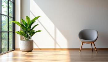 Bright and Airy Modern Loft Interior with Plants Background and Copyspace Natural Light Cozy Atmosphere photo