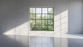 Minimalist Loft Interior Design with Large Window Bright Background Copyspace Modern Aesthetic photo