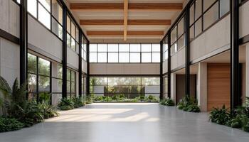 Elegant Open Loft with Polished Wood and Raw Concrete Background Copyspace Modern Design Indoor Bright Atmosphere photo
