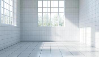 Minimalist Bathroom Space with Pristine White Tiles Bright Background Copyspace Natural Light photo