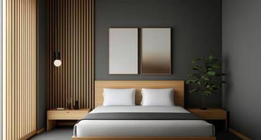 Inviting Modern Japanese Bedroom Design Minimalist Room Cozy Atmosphere Background Copyspace photo