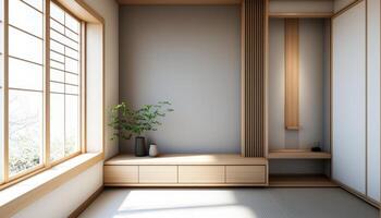 Modern Japanese Design Minimalist Tiny Room with Natural Light Background Copyspace photo