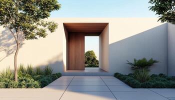 Minimalist Wooden Terrace with Clean Lines Serene Setting Background and Copyspace photo