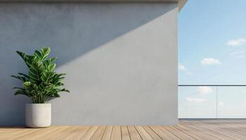 Modern Terrace Design with Natural Wood and Plants Bright Background Copyspace for Inspiration photo