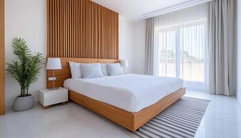 Elegant Modern White Bedroom Design with Wooden Accents Bright Background Copyspace photo