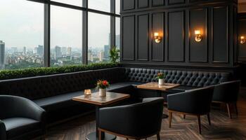 Chic Black Fabric Sofa in Modern Urban Lounge Stylish Interior with Background Copyspace photo