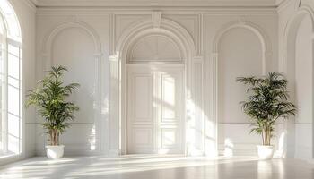 Serene Modern Classical White Hall with Ornate Elements Bright Background and Copyspace photo