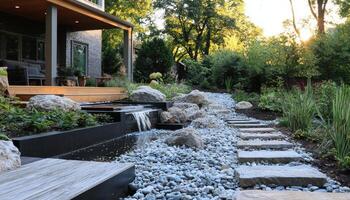 Serene Outdoor Garden Design with Water Features Nature Background Copyspace Tranquil Environment photo