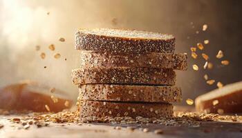 Stack of Multigrain Bread with Oats Rustic Kitchen Food Photography Textured Background Copyspace photo