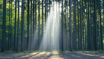 Sunlight Streaming Through a Lush Forest Natural Landscape Tranquil Background Copyspace photo