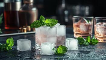 Refreshing Cocktail with Ice Cubes and Mint Leaves Bar Counter Food Photography Dark Background Copyspace photo
