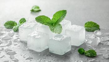 Fresh Mint and White Ice Cubes on Gray Background with Copyspace for Refreshing Drink Ideas photo