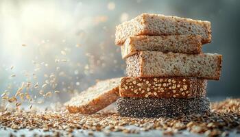 Artful Stack of Whole Grain Bread with Copyspace in the Background Food Photography Close-Up View photo