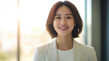 Optimistic Asian Woman Smiling at Laptop Screen Modern Office Background Copyspace Available photo
