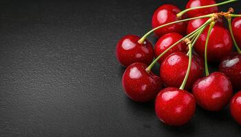 Fresh Cherries with Stems on Black Background Copyspace Professional Studio Shot High-Quality Photography photo