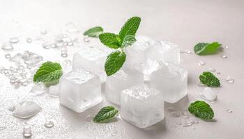 Refreshing Ice Cubes with Mint in a Clean Background Copyspace for Drinks Lifestyle Nature photo