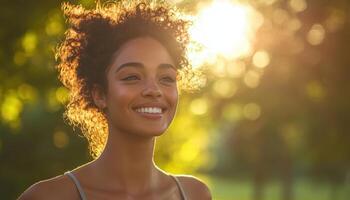Cheerful Woman Jogging in Sunlit Park Background Copyspace for Fitness Content photo