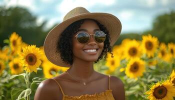 Joyful Woman in Sunflower Field Nature Portrait Bright Background Copyspace photo