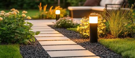 Serene Garden Path with Solar Lights Backyard Landscape Photo Evening Setup Copyspace Background
