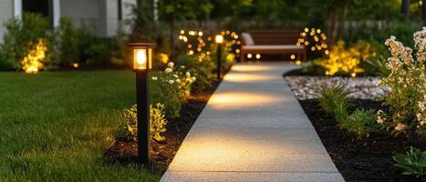 Illuminated Garden Pathway with Solar Lights Tranquil Setting Background and Copyspace Available photo