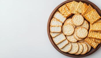 Healthy Whole Grain Crackers Assortment on Wooden Tray Food Background Copyspace photo