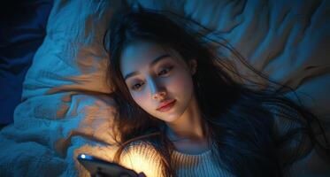Woman Lying in Bed with Phone Cozy Bedroom Lifestyle Image Soft Lighting Background Copyspace photo