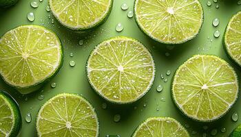 Overhead View of Fresh Lime Slices Green Background Copyspace Culinary Inspiration photo