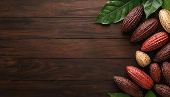 Cocoa Bean Varieties Displayed on Wooden Surface Natural Background Copyspace for Text photo