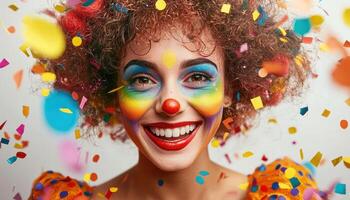 Cheerful Clown Makeup Celebration Studio Background Portrait Colorful Environment Joyful Concept with Copyspace photo