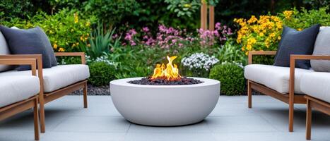 Elegant Outdoor Patio with Cozy Fire Pit Lush Garden Background Stylish Copyspace photo