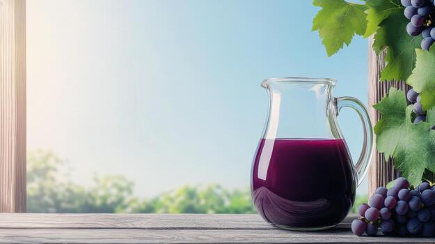 Freshly Squeezed Grape Juice in Rustic Glass Pitcher Nature Background Copyspace View photo