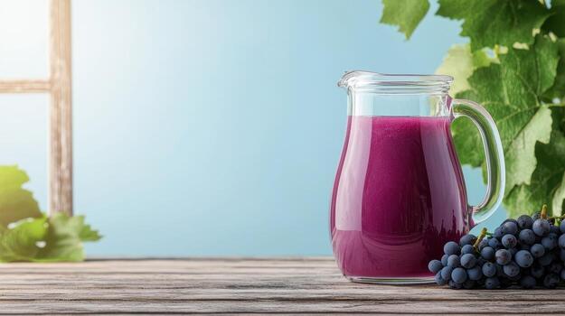 Freshly Squeezed Grape Juice in Rustic Pitcher Nature Background Copyspace Inviting Atmosphere photo