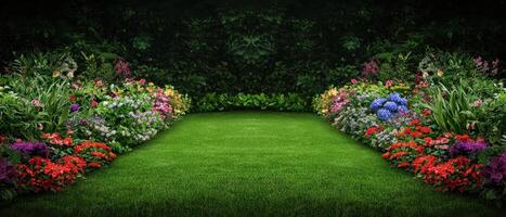 Lush Green Lawn Surrounded by Colorful Flower Borders Garden Paradise Nature Scene Copyspace Background photo