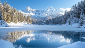 Majestic Snow-Covered Peaks Reflected in Glistening Lake Nature Landscape Tranquil Background Copyspace photo
