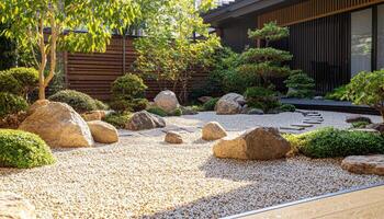 Tranquil Zen Garden Scene Private Residence Landscape Photography Natural Background Copyspace photo